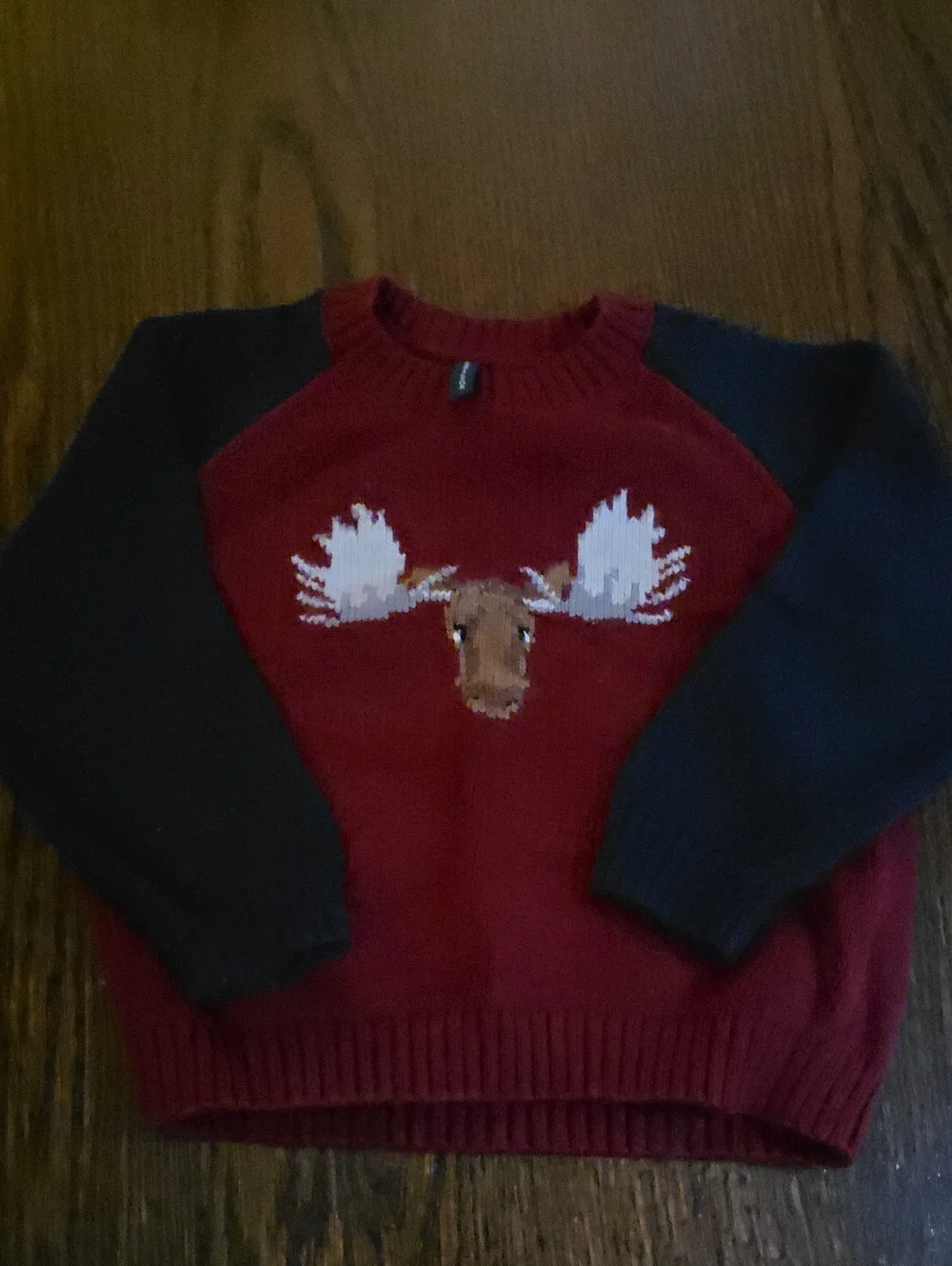 Janie and Jack Red Sweater with Navy Sleeves and Moose Intarsia